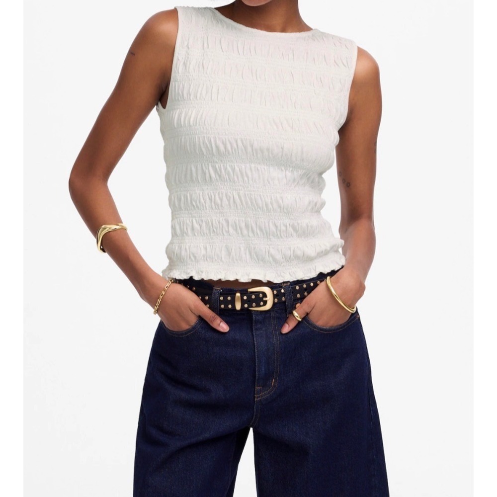 Madewell White Smocked Sleeveless Tank Top Cotton Linen Womens Size Small NV912